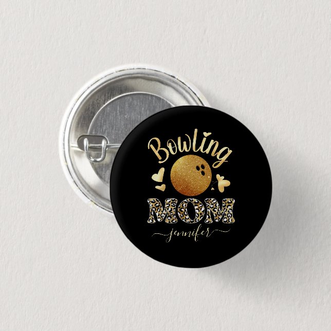 Bowling Mama Gold Leopard Glitzer Personalisiert Button (Vorne & Hinten)
