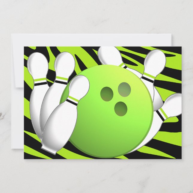 Bowling Neon Green und Zebra Einladung (Vorderseite)