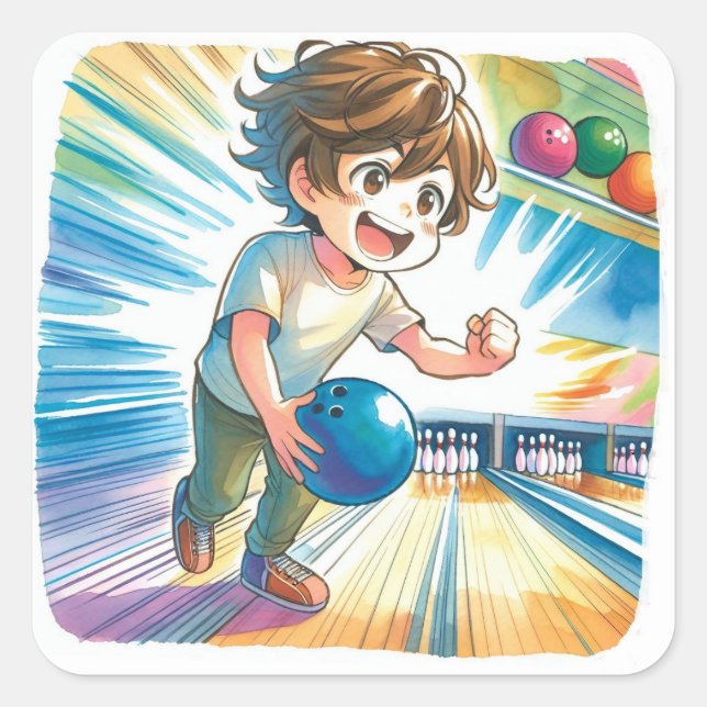 Bowling Party Boy's Anime Birthday Willkommen Quadratischer Aufkleber (Vorderseite)