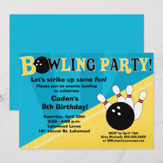 Bowling Party Einladung - Blau und Gelb
