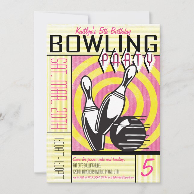 Bowling Party Einladung - Rosa (Vorderseite)