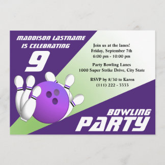 Bowling Party Geburtstag Lila und grün Einladung