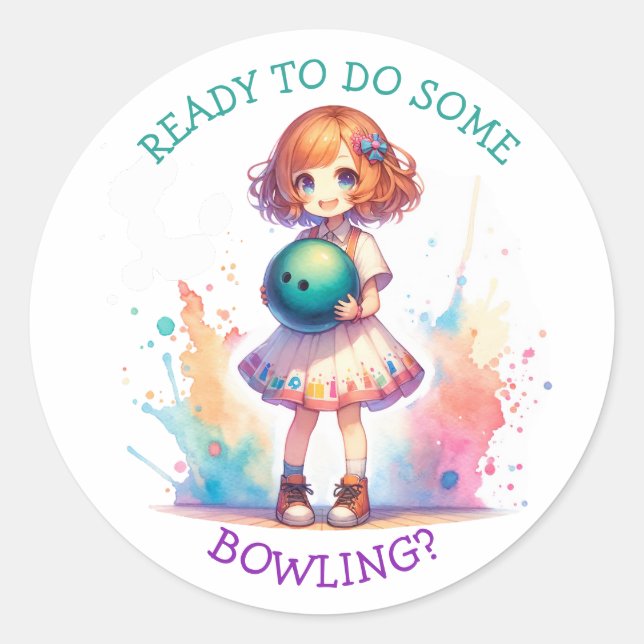 Bowling Party Girl's Anime Birthday Einladung Runder Aufkleber (Vorderseite)