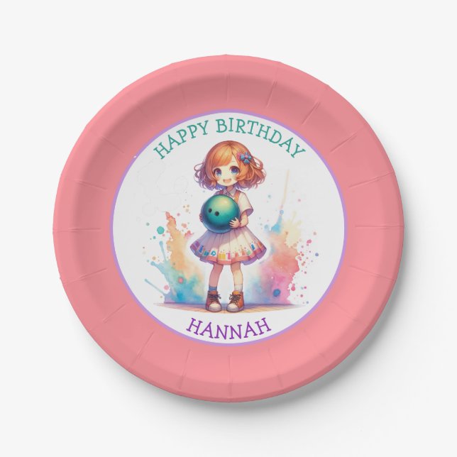 Bowling Party Girl's Anime Birthday Personalisiert Pappteller (Vorderseite)