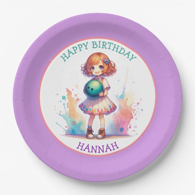 Bowling Party Girl's Anime Birthday Personalisiert Pappteller (Vorderseite)