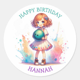 Bowling Party Girl's Anime Birthday Personalisiert Runder Aufkleber