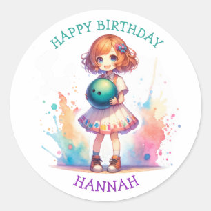 Bowling Party Girl's Anime Birthday Personalisiert Runder Aufkleber