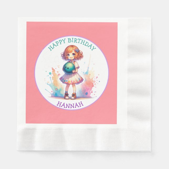 Bowling Party Girl's Anime Birthday Personalisiert Serviette (Vorderseite)