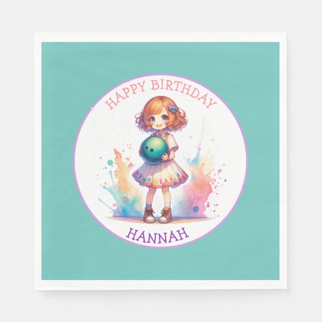 Bowling Party Girl's Anime Birthday Personalisiert Serviette (Vorderseite)