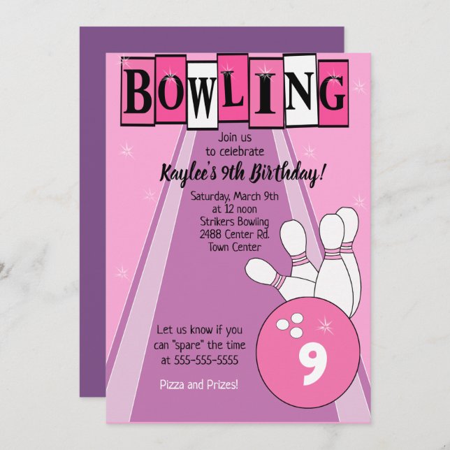 Bowling Party Pink Girls Geburtstag Einladung (Vorne/Hinten)