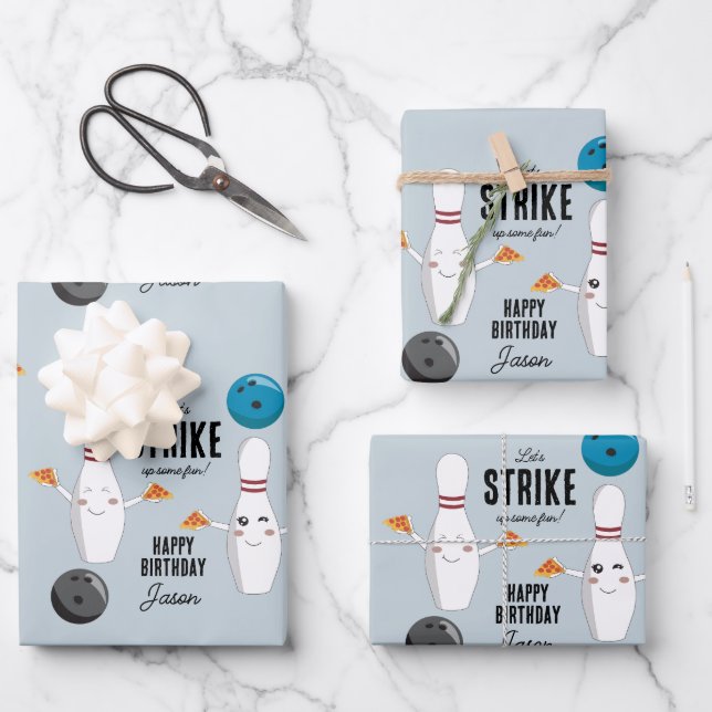 Bowling Pizza macht Spaß Kindergeburtstag Geschenkpapier Set (Vorderseite)