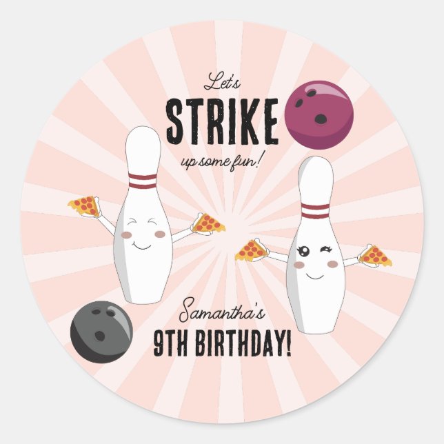 Bowling Pizza macht Spaß Kindergeburtstag Runder Aufkleber (Vorderseite)