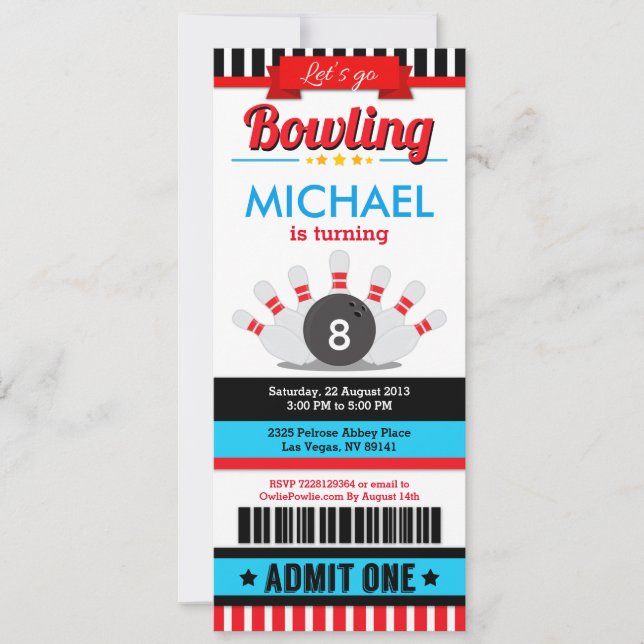 Bowling Ticket Pass Einladung zur Geburtstagsparty (Vorderseite)