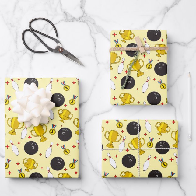 Bowling Turnier Gewinner Buttone Trophäe Muster Geschenkpapier Set (Vorderseite)