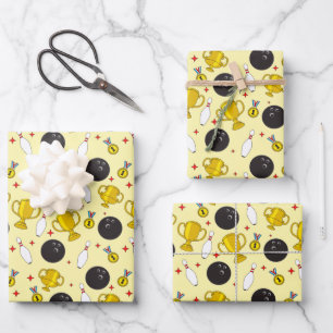 Bowling-Turniersieger steckt Trophäenmuster Geschenkpapier Set