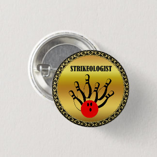 Bowlingball und Buttone mit dem Wort STRIKEOLOGIST Button