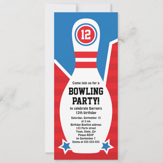 Bowlingsgeburtstags-Party Einladung mit Button (Vorderseite)