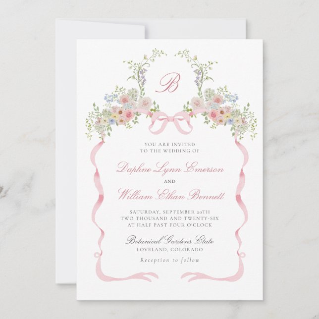 Bows and Wildflowers Wedding Invitation Einladung (Vorderseite)