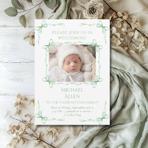 Bows Baby Green Foto Geburtsankündigungskarte Ankündigung