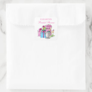 Bows Bubbly und Blooms Brautjungfernparty Quadratischer Aufkleber