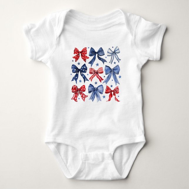 Bows mit rotem weißem und blauem Coquette Baby Strampler (Vorderseite)