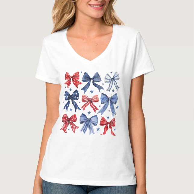 Bows mit rotem weißem und blauem Coquette T-Shirt (Vorderseite)