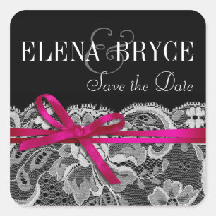 Bows Ribbon & Lace Schwarzer Fuschia Quadratischer Aufkleber