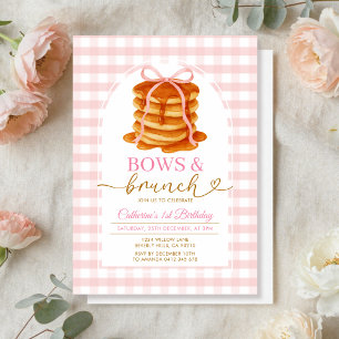 Bows und Brunch Pancake Pink 1. Geburtstag Gingham Einladung