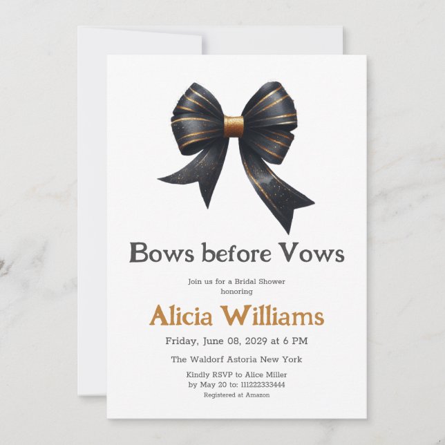 Bows vor Vows Gold Black Bow Brautparty Einladung (Vorderseite)