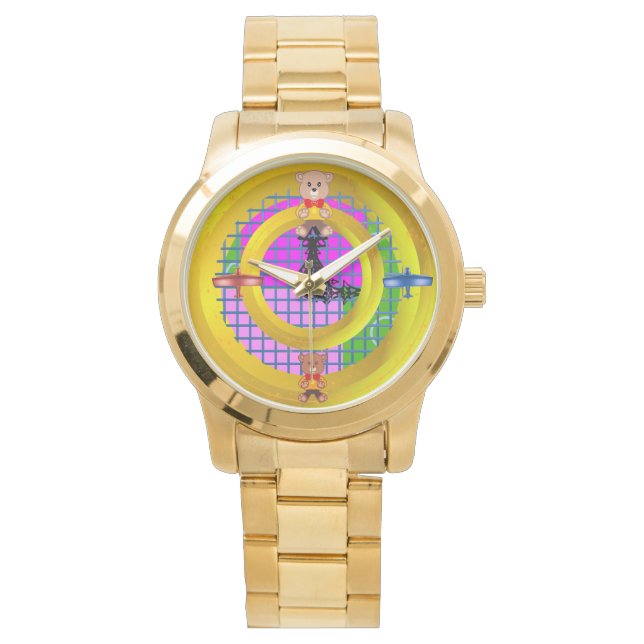 Bowtie Teddy Blue Red Flugzeug Gold Rings Geometri Armbanduhr (Vorderseite)