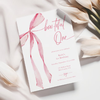 Bowtiful One Watercolor Blush Pink 1. Geburtstag Einladung