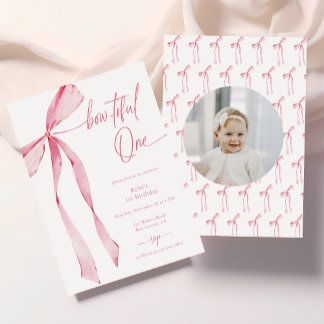 Bowtiful One Watercolor Pink Foto 1. Geburtstag Einladung