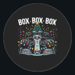 Box Racing Car Box Radio Call Fun Christmas Tr Runder Aufkleber<br><div class="desc">Racing Car Box Box Radio Call Spaß Weihnachtsbaum</div>