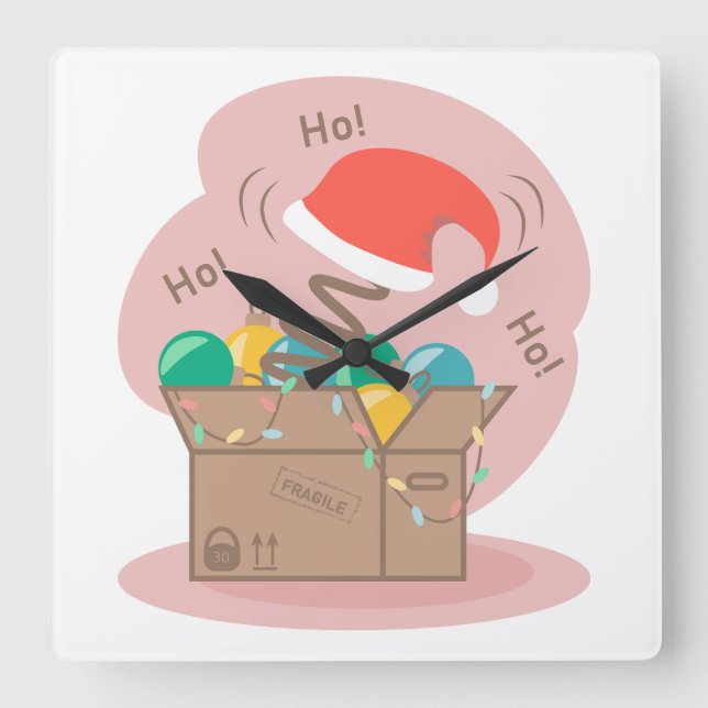 Boxbox mit Weihnachtsdekoration und Weihnachtsmann Quadratische Wanduhr (Vorderseite)
