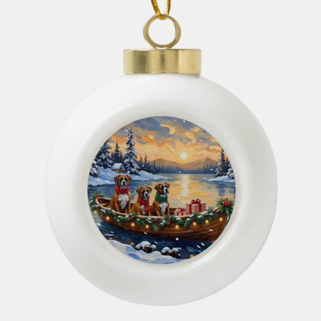 Boxer Christmas Boat Holiday Keramik Kugel-Ornament (Vorderseite)