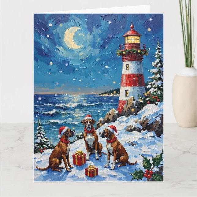 Boxer Christmas Lighthouse Holiday Karte (Vorderseite)