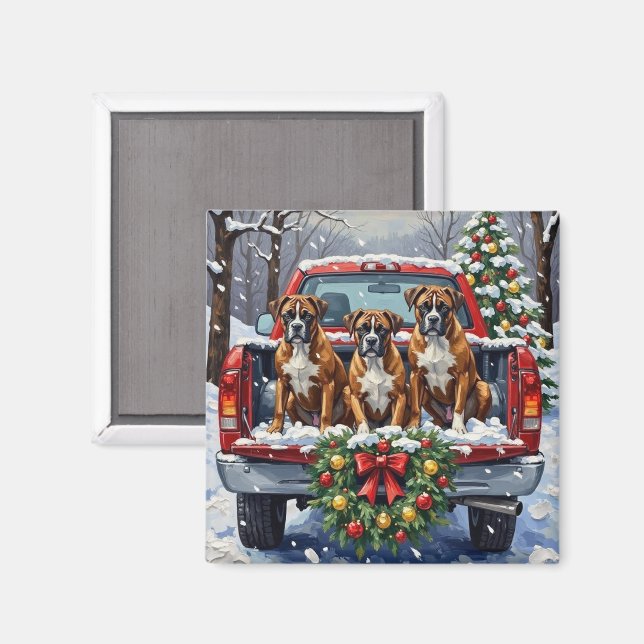 Boxer Christmas Red Truck Holiday Magnet (Vorderseite/Rückseite)