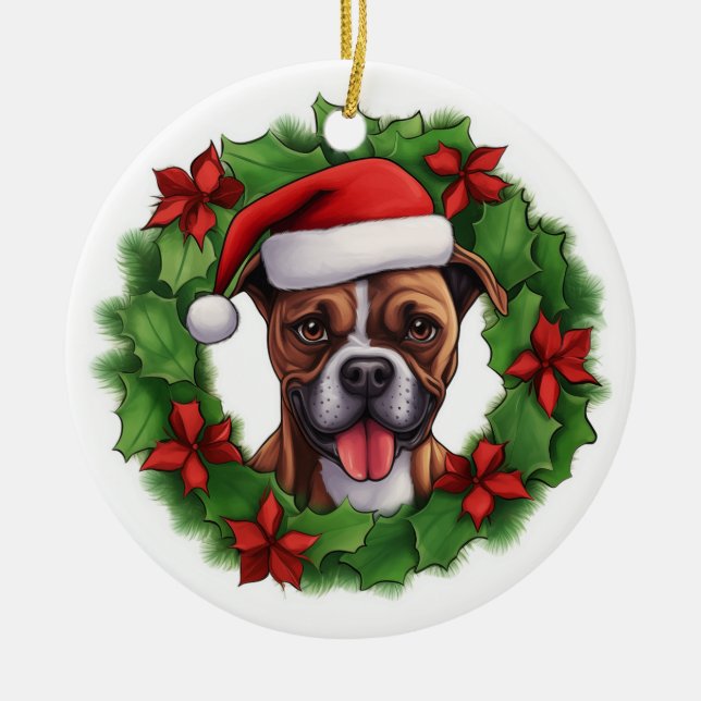 Boxer Christmas Wreath Keramik Ornament (Vorne)