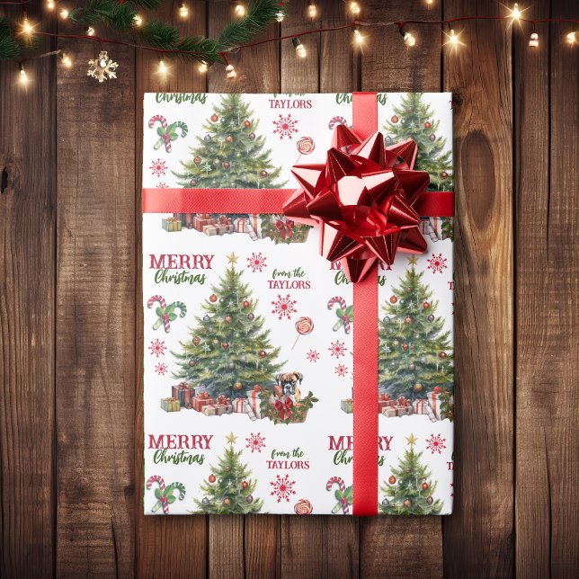 Boxer Dog Aktionskorb unter der Urlaubspflanze Geschenkpapier (Von Creator hochgeladen)