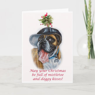 Boxer Dog and Mistletoe Christmas Art Karte