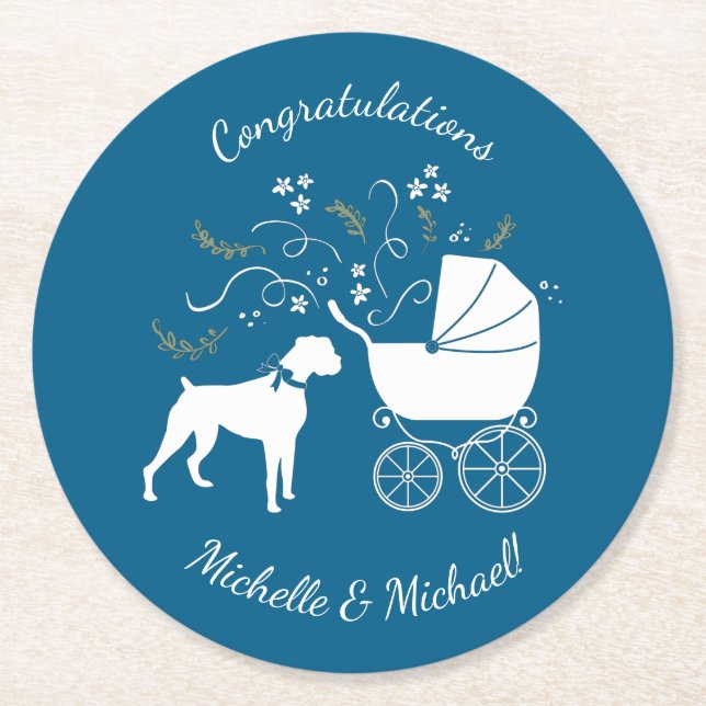 Boxer Dog Baby Shower Welpe Blue Boy Runder Pappuntersetzer (Vorderseite)
