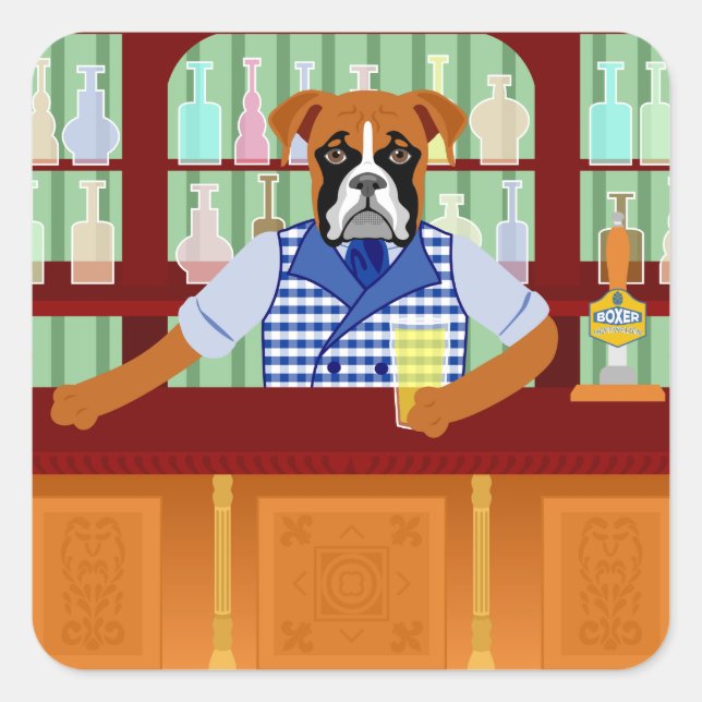 Boxer Dog Beer Pub Quadratischer Aufkleber (Vorderseite)