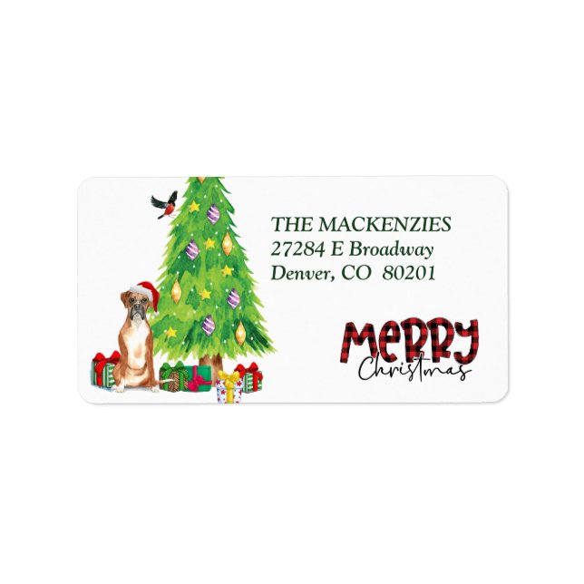 Boxer Dog, Bird and Christmas Tree Rücksendeadress Adressaufkleber (Vorne)