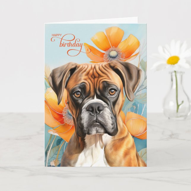 Boxer Dog Birthday Bold Orange Poppy Flowers Karte (Kleine Pflanze)