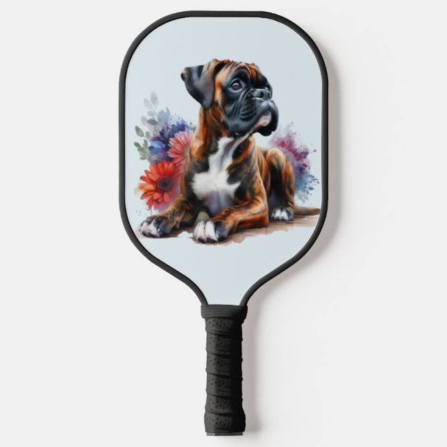 Boxer Dog Blooms: Spielerisches Pup & florale Eleg Pickleball Schläger (Vorderseite)