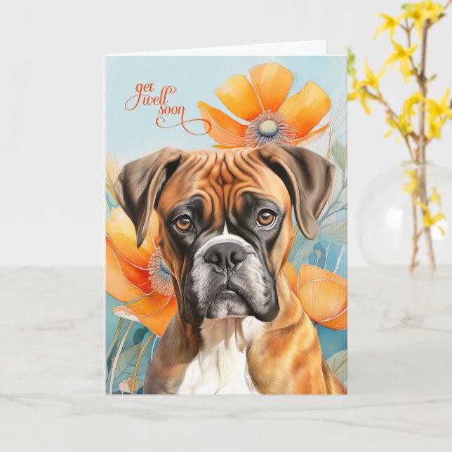Boxer Dog Bold Orange Poppy Flowers Get Well Karte (Gelbe Blume)