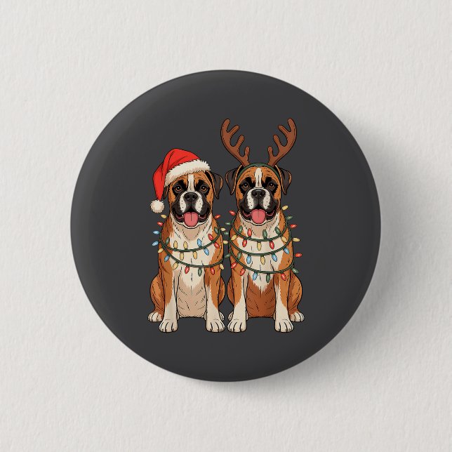 Boxer Dog Christmas Santa Hat Reindeer Lights Paja Button (Vorderseite)