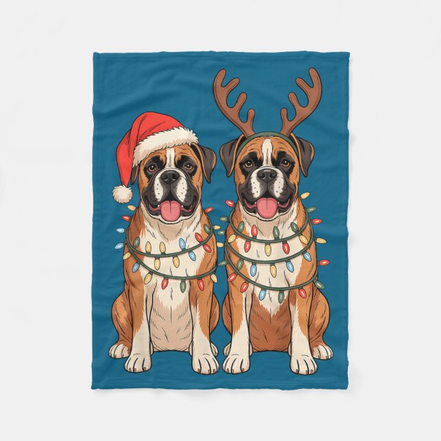 Boxer Dog Christmas Santa Hat Reindeer Lights Paja Fleecedecke (Vorderseite)