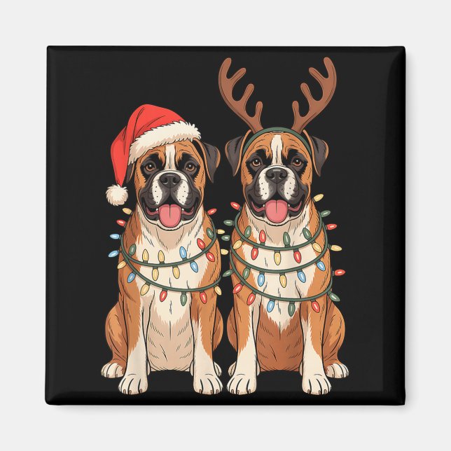 Boxer Dog Christmas Santa Hat Reindeer Lights Paja Magnet (Vorne)