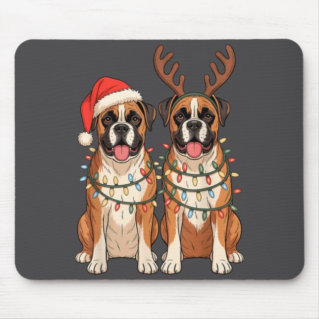 Boxer Dog Christmas Santa Hat Reindeer Lights Paja Mousepad (Vorne)